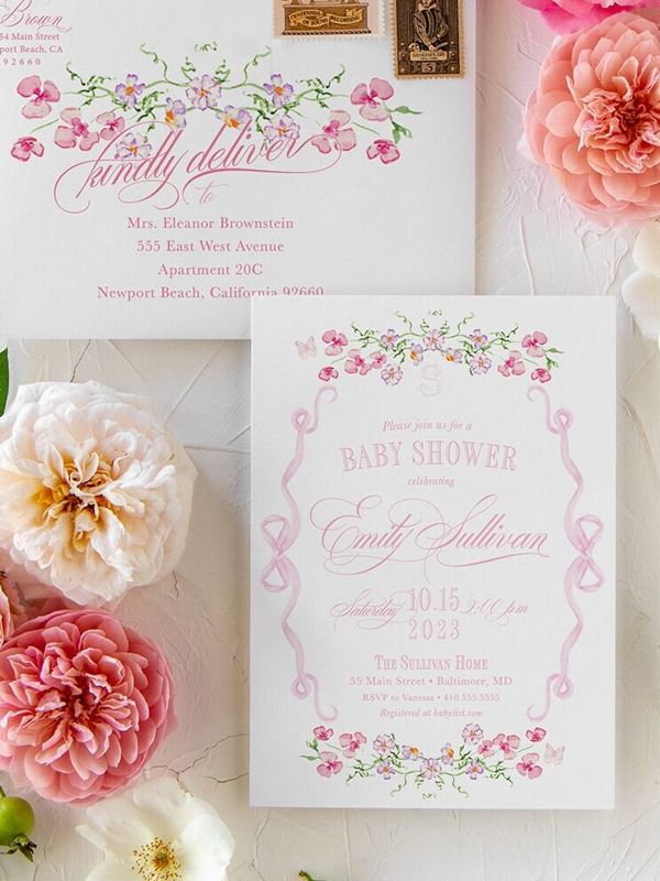 Fancy Pink Bow Baby Girl Shower Invitations - Girl Baby Sprinkle - Pink Bow Love Fancy Party Feminine (10 printed invitations, Plain White Envelopes)