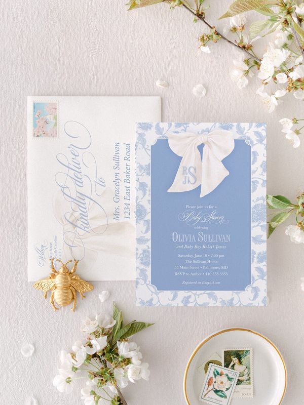 Boy Baby Shower Invitation, Chinoiserie Invite, Preppy Southern, Blue Monogram Bow Graphic, Classic Heirloom Bow, Toile Sip and See Invites (10 printed invitations | Plain White Envelopes)