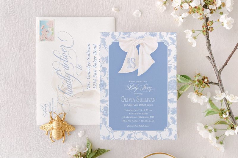 Boy Baby Shower Invitation, Chinoiserie Invite, Preppy Southern, Blue Monogram Bow Graphic, Classic Heirloom Bow, Toile Sip and See Invites (10 printed invitations | Plain White Envelopes)