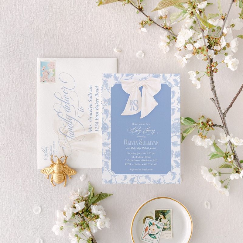 Boy Baby Shower Invitation, Chinoiserie Invite, Preppy Southern, Blue Monogram Bow Graphic, Classic Heirloom Bow, Toile Sip and See Invites (10 printed invitations | Plain White Envelopes)
