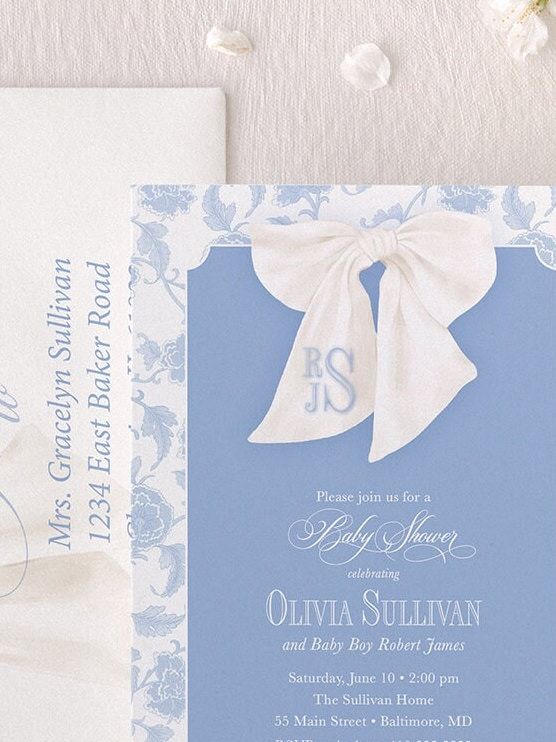 Boy Baby Shower Invitation, Chinoiserie Invite, Preppy Southern, Blue Monogram Bow Graphic, Classic Heirloom Bow, Toile Sip and See Invites (10 printed invitations | Plain White Envelopes)