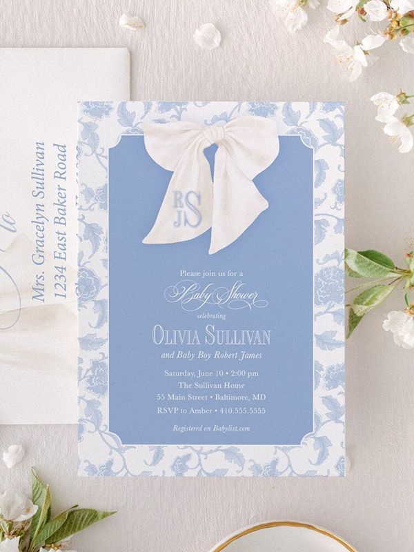 Boy Baby Shower Invitation, Chinoiserie Invite, Preppy Southern, Blue Monogram Bow Graphic, Classic Heirloom Bow, Toile Sip and See Invites (10 printed invitations | Plain White Envelopes)