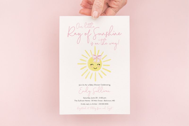 Preppy Sunshine Baby Shower Invitation - Our Little Ray of Sunshine - My Sunshine - Sunshine Girl Pink Invite (10 printed invitations | Plain White Envelopes)