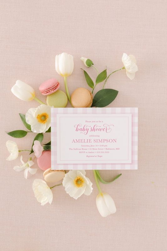 Preppy Pink Gingham Baby Shower Invitations - Classic Baby Shower Invites - Girl Baby Shower - Baby Girl Pink - Girl First Birthday Invite (10 printed invitations | Plain White Envelopes)