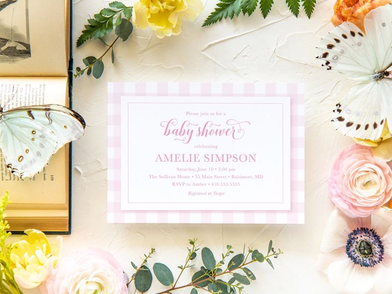 Preppy Pink Gingham Baby Shower Invitations - Classic Baby Shower Invites - Girl Baby Shower - Baby Girl Pink - Girl First Birthday Invite (10 printed invitations | Plain White Envelopes)