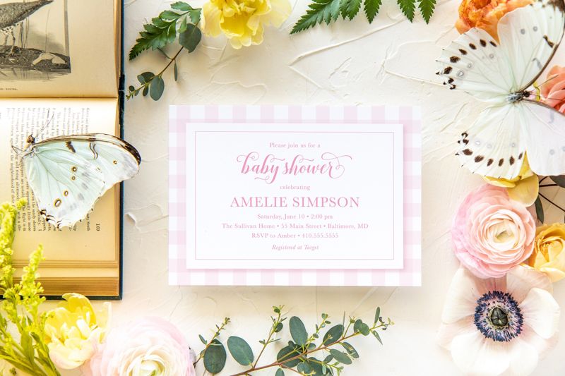Preppy Pink Gingham Baby Shower Invitations - Classic Baby Shower Invites - Girl Baby Shower - Baby Girl Pink - Girl First Birthday Invite (10 printed invitations | Plain White Envelopes)