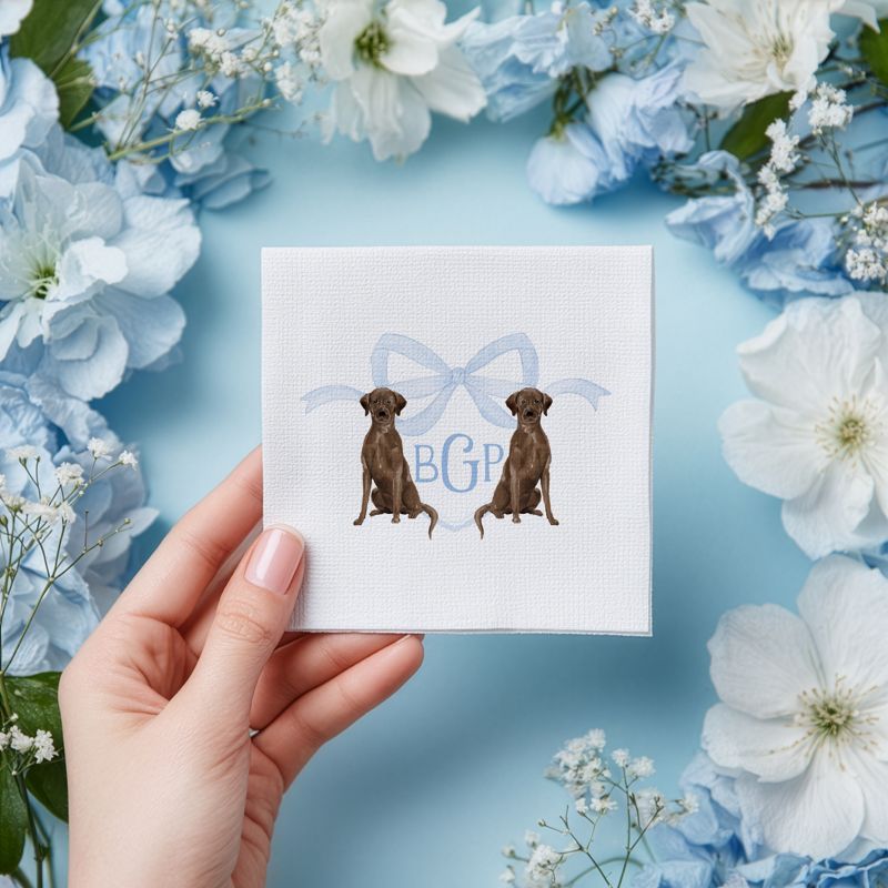 Printed Napkins for Baby Shower - Monogram Crest Paper Napkin - Personalized Monogram Napkin for Baby Boy Sprinkle - Custom Cocktail Napkins (100 Printed Napkins | Black Labrador)