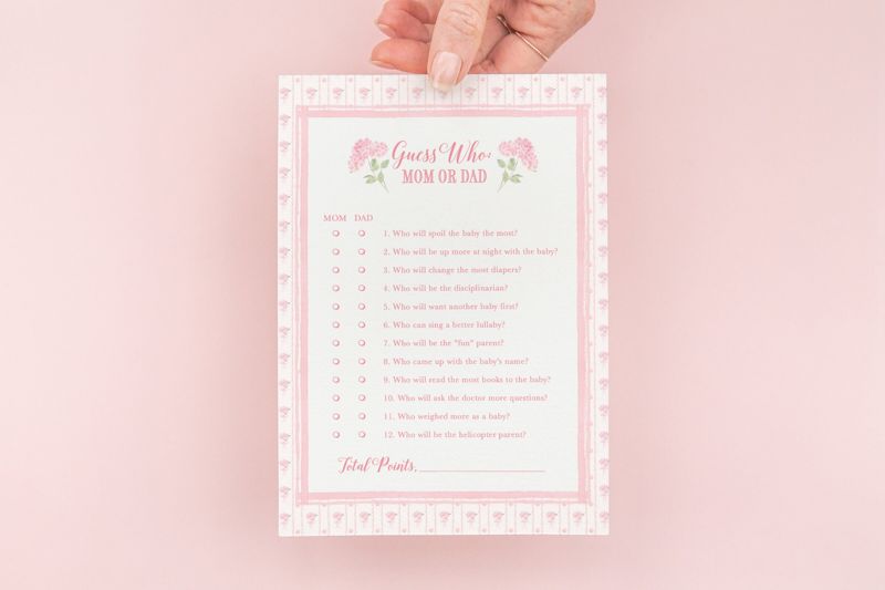 Grandmillenial Guess Mom or Dad Baby Shower Game with Pink Hydrangeas Dainty Flowers Whimsical Fancy - Girl Baby Shower