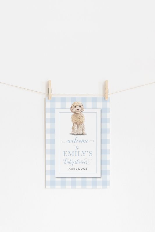 Preppy Gingham Blue Golden Doodle Baby Shower Welcome Sign