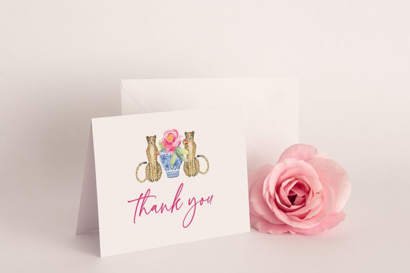 Chinoiserie Thank You Notes - cheetah ginger jar - chinoiserie chic - grandmillenial style - blue and white (20 printed notes)