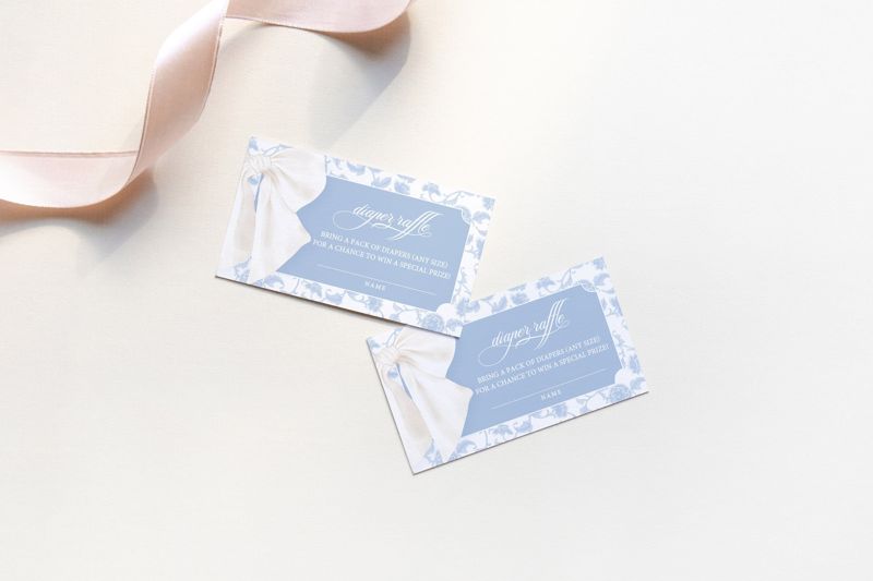 Blue Chinoiserie Baby Shower Diaper Raffle Insert Cards Printed - Baby Boy Shower - Dusty Blue Diaper Insert Cards (20 printed cards)