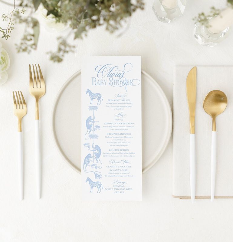Printable Menu Cards for Blue Toile Safari Baby Boy Shower, Baby Sprinkle Menu Card, Sip and See Menu Cards