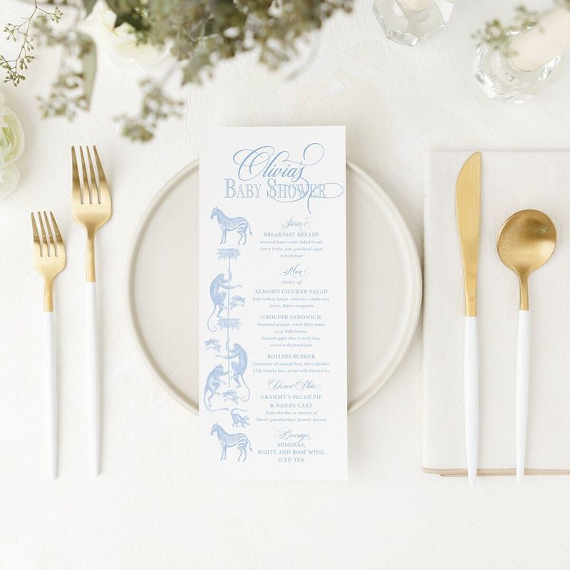 Printable Menu Cards for Blue Toile Safari Baby Boy Shower, Baby Sprinkle Menu Card, Sip and See Menu Cards