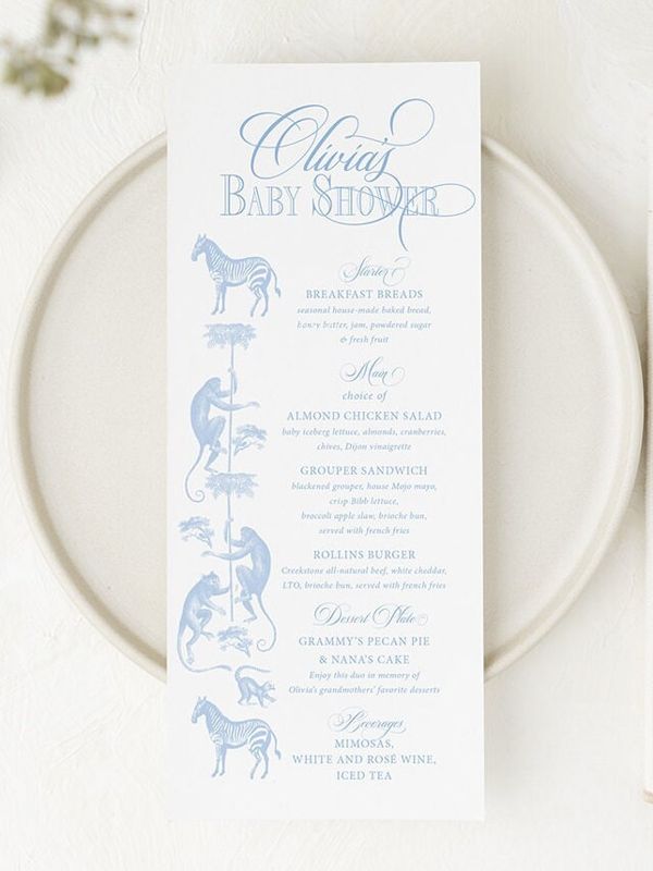 Printable Menu Cards for Blue Toile Safari Baby Boy Shower, Baby Sprinkle Menu Card, Sip and See Menu Cards