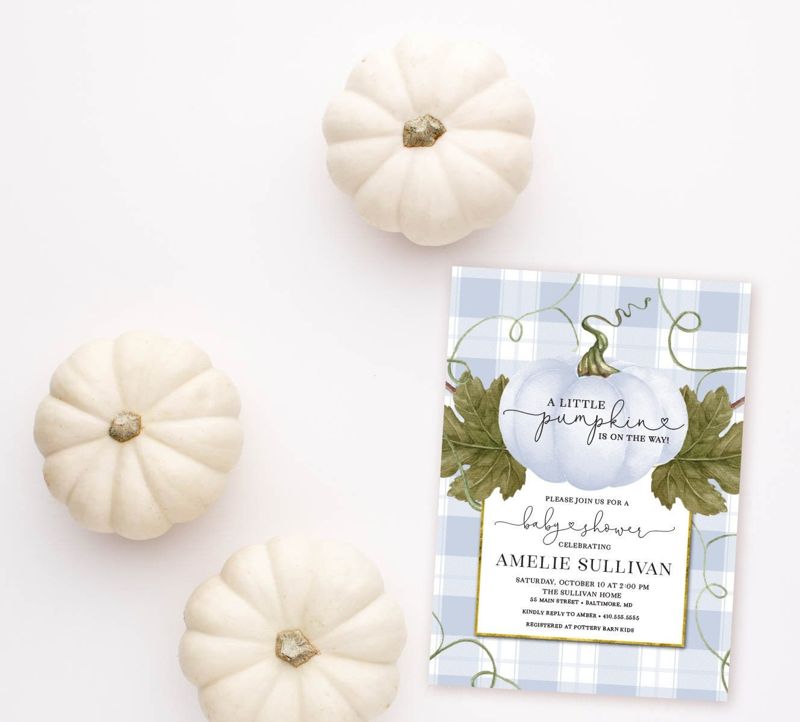 Boy Pumpkin Baby Shower Invitation - Blue Pumpkin Invite - Gingham Fall Baby Shower - Pumpkin Picking Invite - Little Pumpkin is on the way (10 printed invitations | Plain White Envelopes)