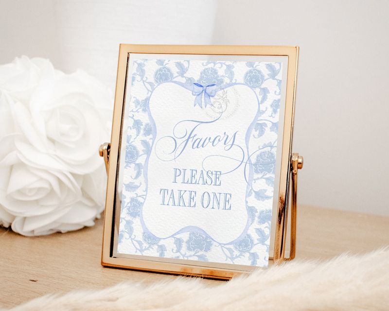 Favors Sign for Chinoiserie Baby Boy Shower Printable 8x10 - Blue and white baby boy sprinkle