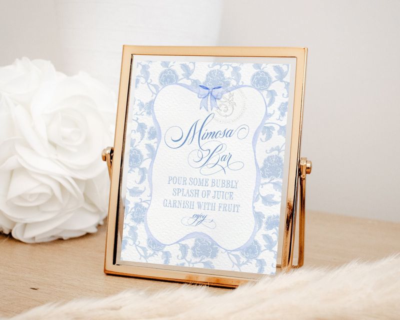 Mimosa Bar Sign for Bridal Shower or Boy Baby Shower Printable - Printable 8x10 - Preppy Light Blue Chinoiserie Baby Sprinkle