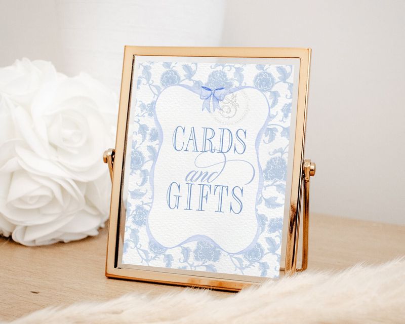 Cards and Gifts Sign for Chinoiserie Baby Shower Printable 8x10 - Light Blue Chinoiserie