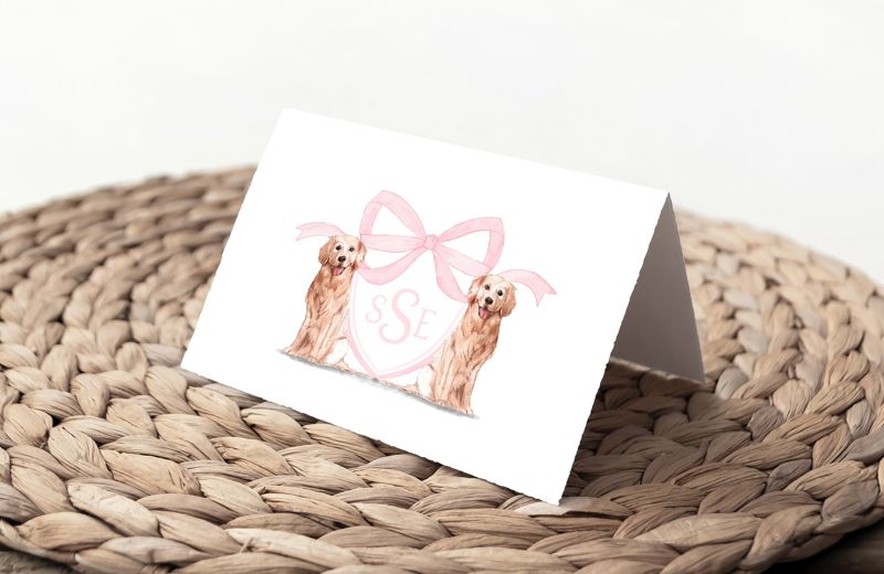 Preppy Watercolor Crest - Golden Retriever - Pink Monogram - Bow Baby Shower Thank You Notes (20 printed notes)