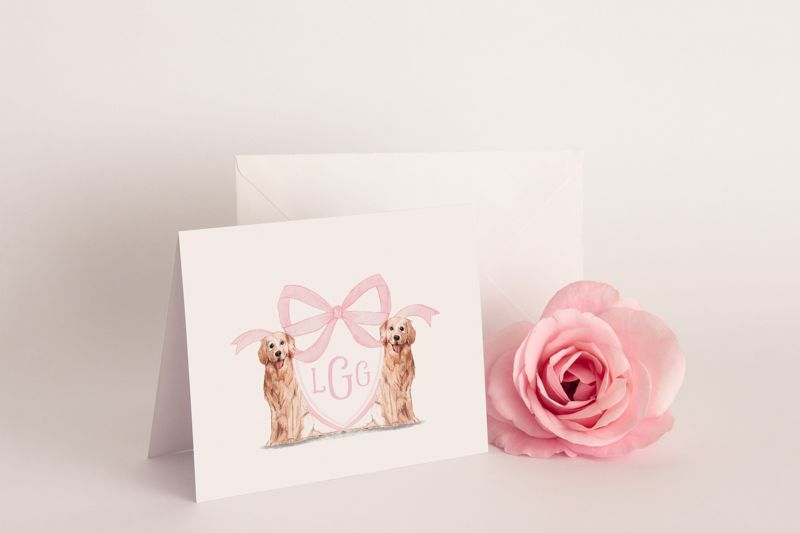 Preppy Watercolor Crest - Golden Retriever - Pink Monogram - Bow Baby Shower Thank You Notes (20 printed notes)
