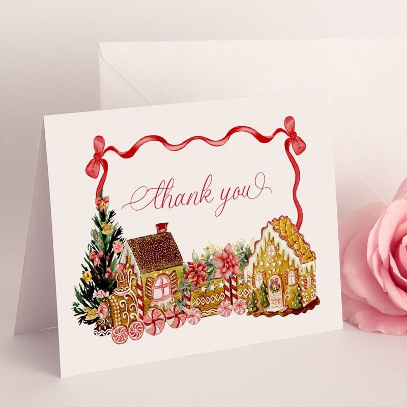 Christmas Baby Shower Thank You Notes - Red Ribbon Printed Note Cards - Gingerbread Thank You - Heirloom Bow - Watercolor Bow (20 printed notes)