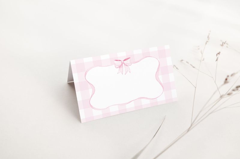 Printed Escort Cards - Baby Shower Place Cards - Preppy Pink Gingham Bow Baby Shower - Baby Shower Escort Cards (20 escort cards)