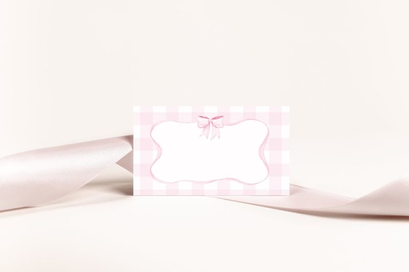 Printed Escort Cards - Baby Shower Place Cards - Preppy Pink Gingham Bow Baby Shower - Baby Shower Escort Cards (20 escort cards)