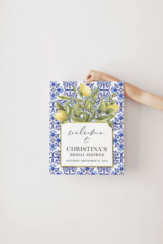 Tuscan Lemon and Blue Tile Bridal Shower Welcome Sign - 18x24" printed poster - Lemon Welcome Sign - Lemon Bridal Shower - Lemon Blue Tile (18x24")