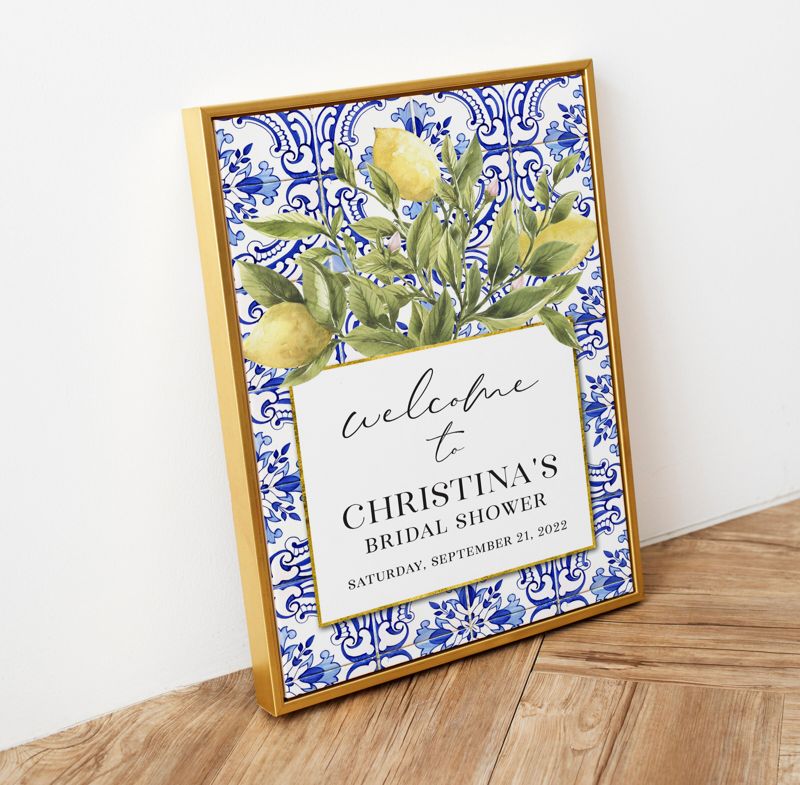 Tuscan Lemon and Blue Tile Bridal Shower Welcome Sign - 18x24" printed poster - Lemon Welcome Sign - Lemon Bridal Shower - Lemon Blue Tile (18x24")