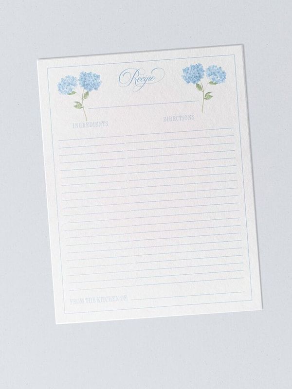 Hydrangea Recipe Sheets, Bridal Shower Recipes for the Bride to Be, Blue and White Printed Recipe Cards 8.5x11" (20 printed cards)