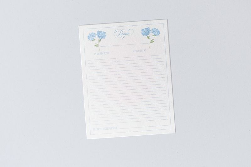 Hydrangea Recipe Sheets, Bridal Shower Recipes for the Bride to Be, Blue and White Printed Recipe Cards 8.5x11" (20 printed cards)