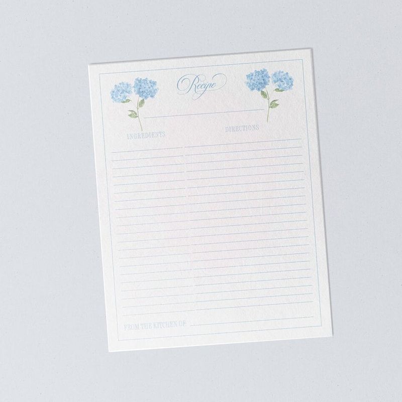 Hydrangea Recipe Sheets, Bridal Shower Recipes for the Bride to Be, Blue and White Printed Recipe Cards 8.5x11" (20 printed cards)