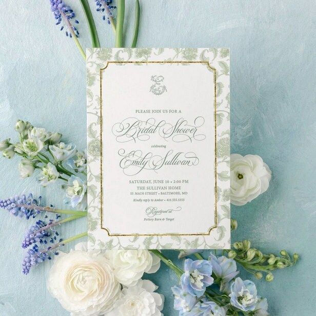 Sage Green Chinoiserie Monogram Bridal Shower Invitations - Monogram Invite - Bridal Brunch - Bridesmaids Luncheon - Bridal Tea Invites (10 printed invitations | Plain White Envelopes)