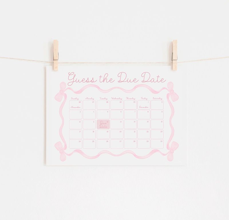 Due Date Calendar Printed - Guess Baby's Birthdate - 24x18" bow baby shower game Guess the Birth Date - Pink bow baby girl sprinkle (24x18)