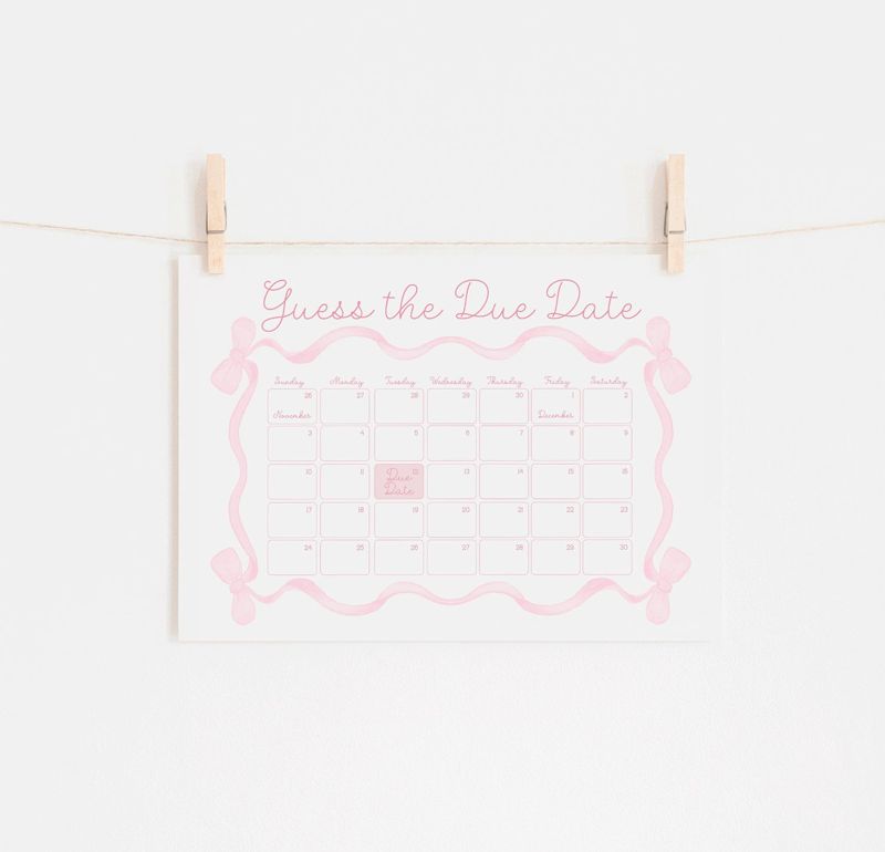 Due Date Calendar Printed - Guess Baby's Birthdate - 24x18" bow baby shower game Guess the Birth Date - Pink bow baby girl sprinkle (24x18)