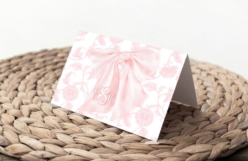 Pink Heirloom Bow Thank You Notes - Pink Chinoiserie Notes - Printed Note Cards - Baby Shower Thank You - Monogram Note Cards (20 printed notes)