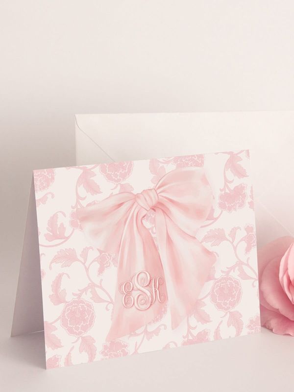Pink Heirloom Bow Thank You Notes - Pink Chinoiserie Notes - Printed Note Cards - Baby Shower Thank You - Monogram Note Cards (20 printed notes)
