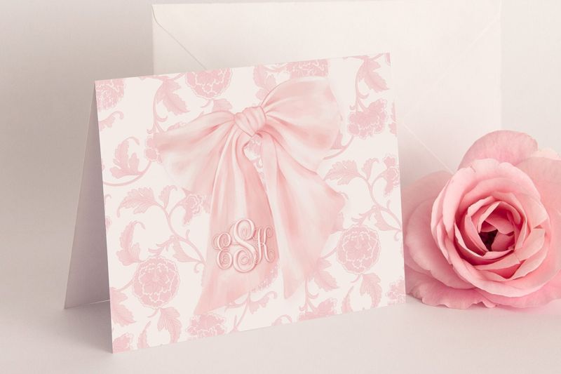 Pink Heirloom Bow Thank You Notes - Pink Chinoiserie Notes - Printed Note Cards - Baby Shower Thank You - Monogram Note Cards (20 printed notes)