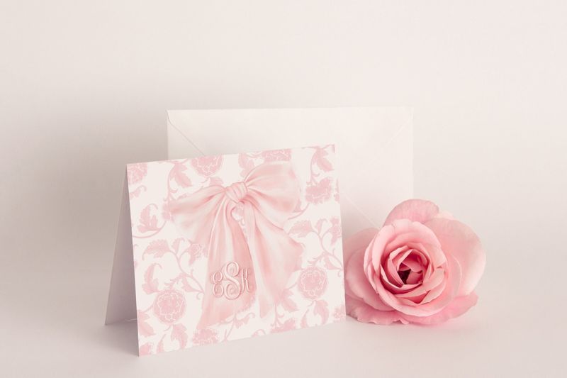 Pink Heirloom Bow Thank You Notes - Pink Chinoiserie Notes - Printed Note Cards - Baby Shower Thank You - Monogram Note Cards (20 printed notes)
