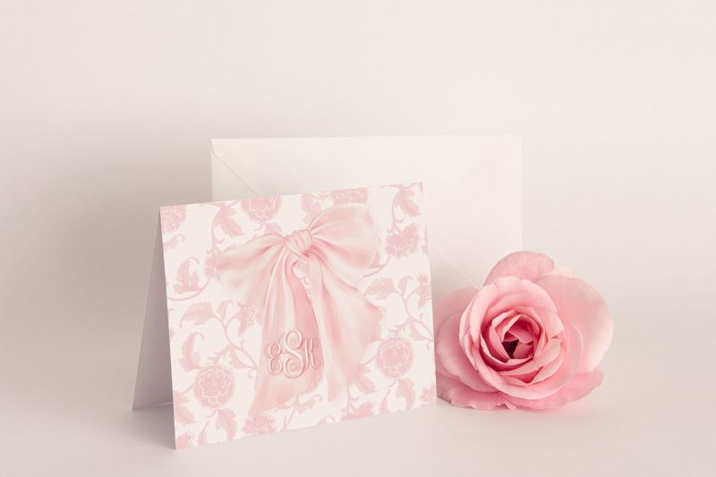 Pink Heirloom Bow Thank You Notes - Pink Chinoiserie Notes - Printed Note Cards - Baby Shower Thank You - Monogram Note Cards (20 printed notes)