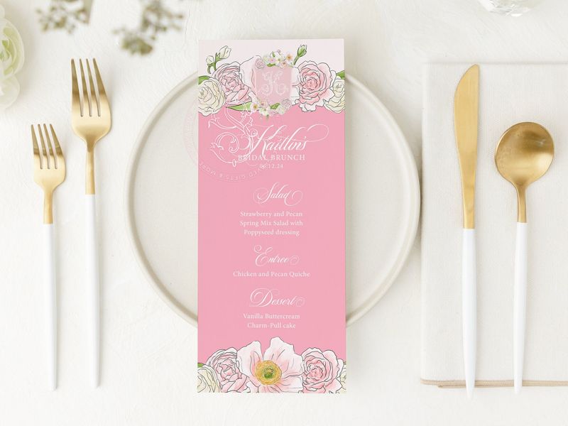Menu for Bridal Shower, Printed Menu Cards, Girl Baby Shower Sprinkle, Garden Party, Birthday Party, Bridesmaid Luncheon, Brunch and Bubbly (JPG one per page)