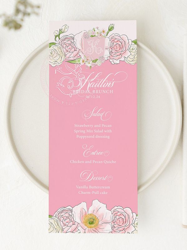 Menu for Bridal Shower, Printed Menu Cards, Girl Baby Shower Sprinkle, Garden Party, Birthday Party, Bridesmaid Luncheon, Brunch and Bubbly (JPG one per page)