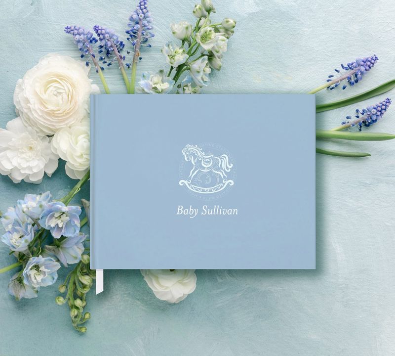 Traditional Rocking Horse Boy Baby Shower Guest Book - Classic Baby Boy - Dusty Blue Book - Baby Boy Sprinkle Guest Book Personalized