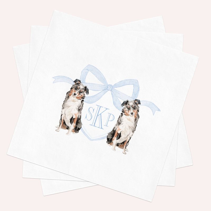 Australian Shepherd Printed Napkins for Baby Shower - Custom Paper Napkin - Monogram Aussie Cocktail Napkins for Baby Boy Sprinkle (100 Printed Napkins)