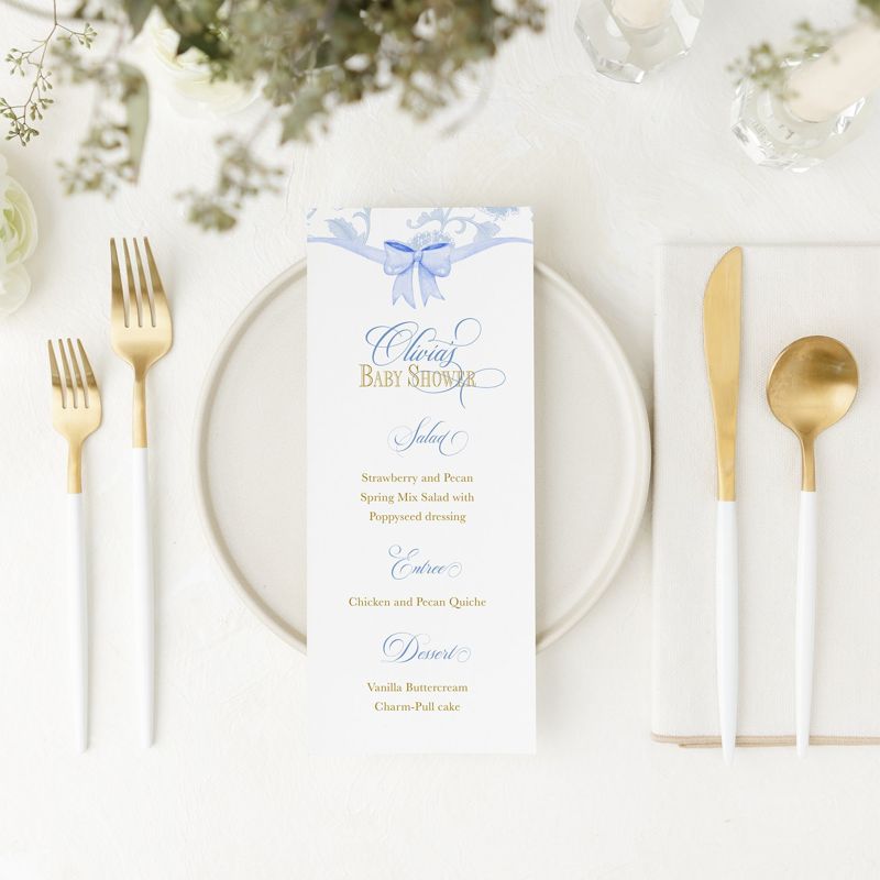 Printed Menu Cards for Blue Toile Baby Shower, Blue Chinoiserie Bridal Tea Menu Card, Bridesmaids Luncheon Menu Cards Baby Boy Brunch (20 printed menus)