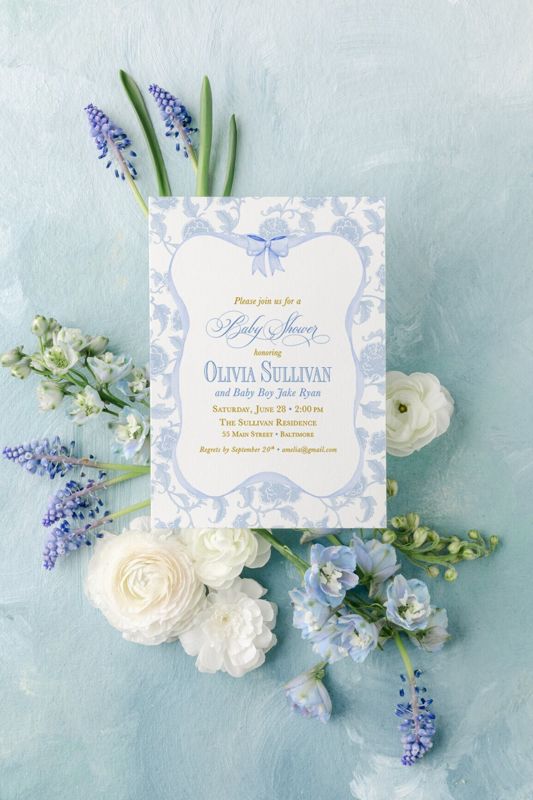 Boy Baby Shower Invitations, baby boy sprinkle invites, whimsical blue chinoiserie, grandmillenial garden tea party, southern sip and see (10 printed invitations, Plain White Envelopes)