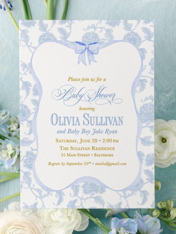 Boy Baby Shower Invitations, baby boy sprinkle invites, whimsical blue chinoiserie, grandmillenial garden tea party, southern sip and see (10 printed invitations, Plain White Envelopes)