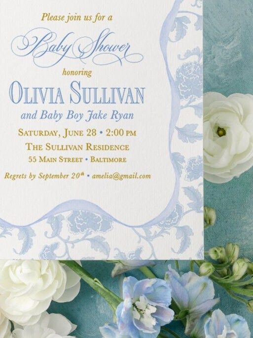 Boy Baby Shower Invitations, baby boy sprinkle invites, whimsical blue chinoiserie, grandmillenial garden tea party, southern sip and see (10 printed invitations, Plain White Envelopes)