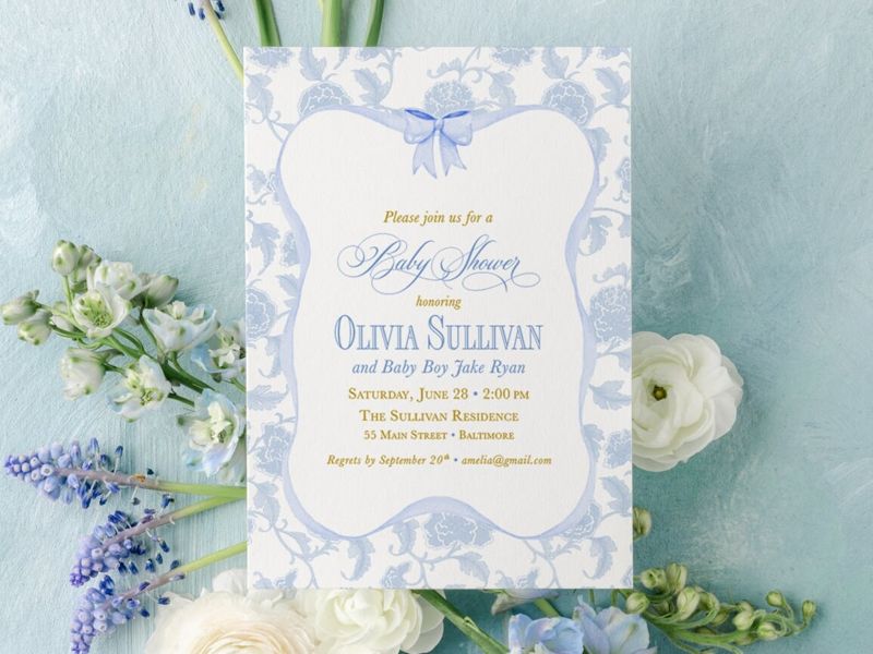 Boy Baby Shower Invitations, baby boy sprinkle invites, whimsical blue chinoiserie, grandmillenial garden tea party, southern sip and see (10 printed invitations, Plain White Envelopes)