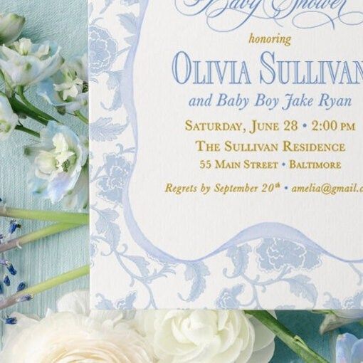 Boy Baby Shower Invitations, baby boy sprinkle invites, whimsical blue chinoiserie, grandmillenial garden tea party, southern sip and see (10 printed invitations, Plain White Envelopes)